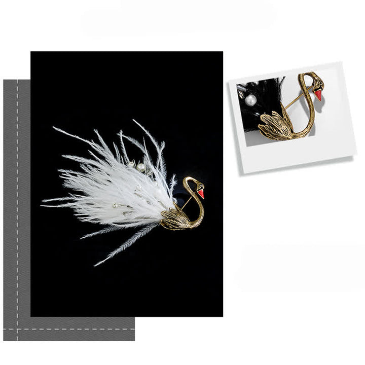 Broche de plumas de cisne de peluche blanco y negro para mujer