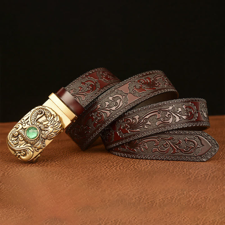 Cinturón de cuero con piedras preciosas y dragón grabado para hombre