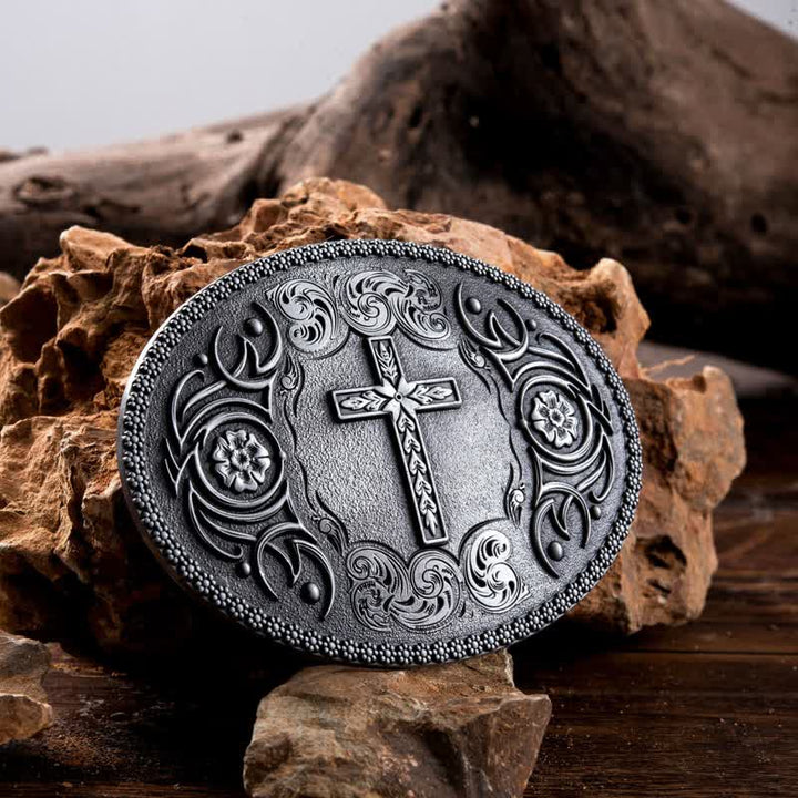 Cinturón de cuero con hebilla floral y cruz de fe para hombre, hecho a mano