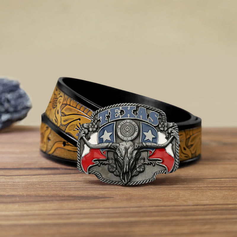 Cinturón de cuero con hebilla de toro Longhorn con bandera de Texas para hombre
