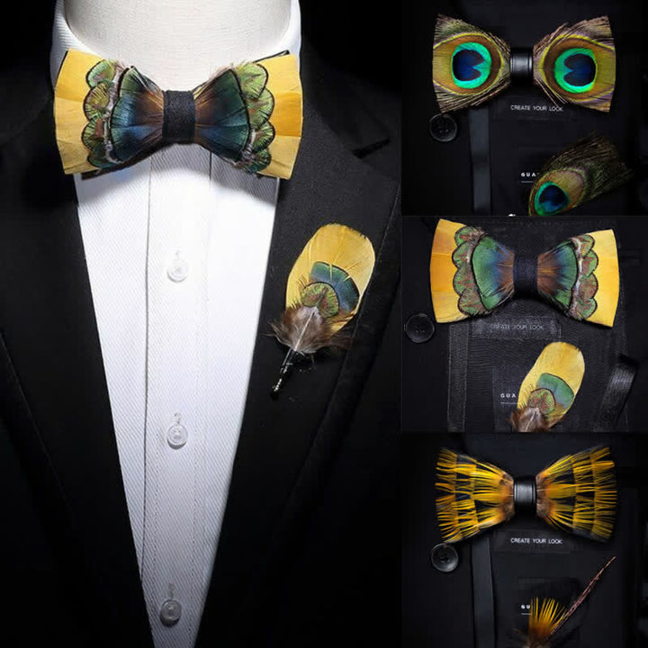 Colección de pajaritas con plumas de pavo real amarillas