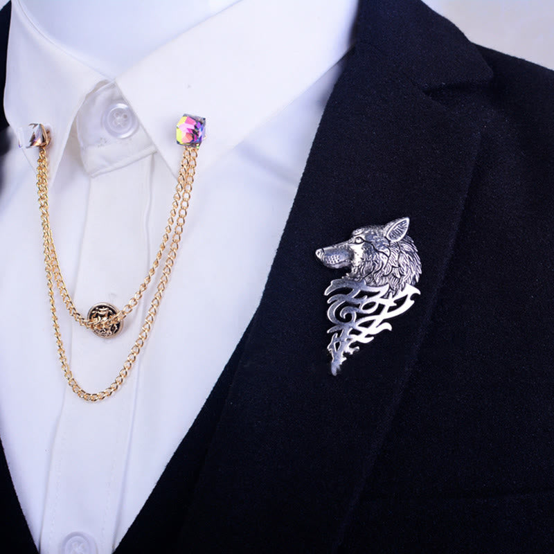 Broche glamoroso con cabeza de lobo hueca para hombre