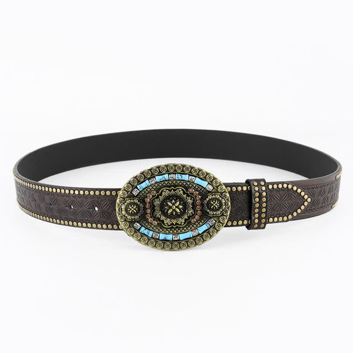 Cinturón de cuero con flores turquesas de estilo bohemio para hombre