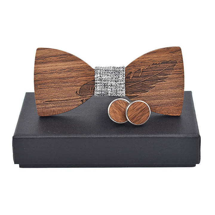 Juego de 2 pajaritas de madera con grabado de plumas para hombre