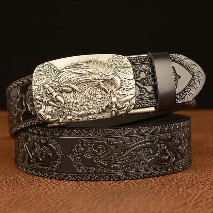 Cinturón de cuero genuino con relieve y hebilla de águila para hombre