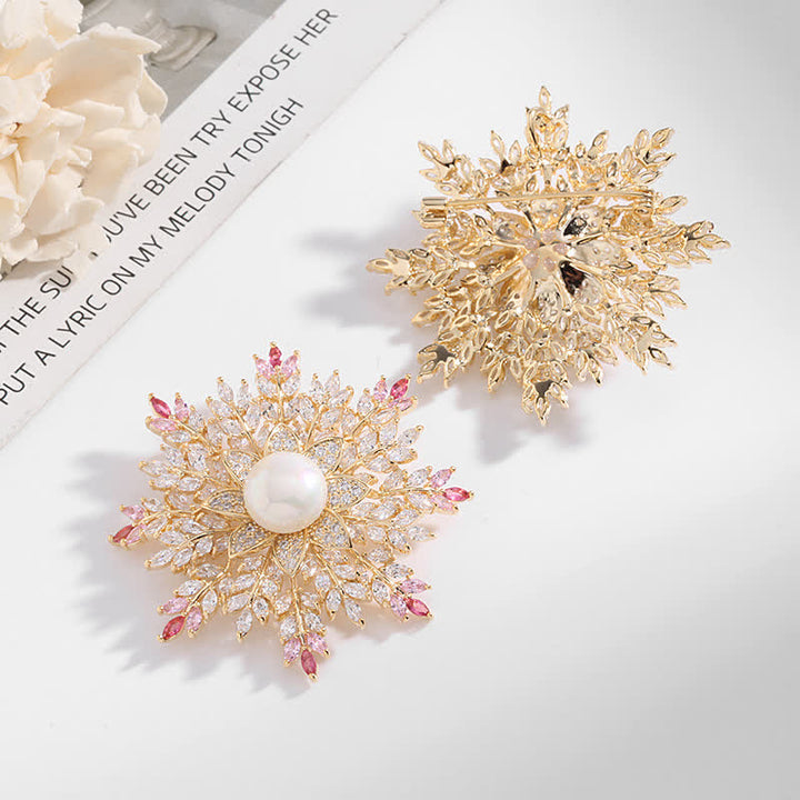 Broche de flor de perla con forma de copo de nieve para mujer