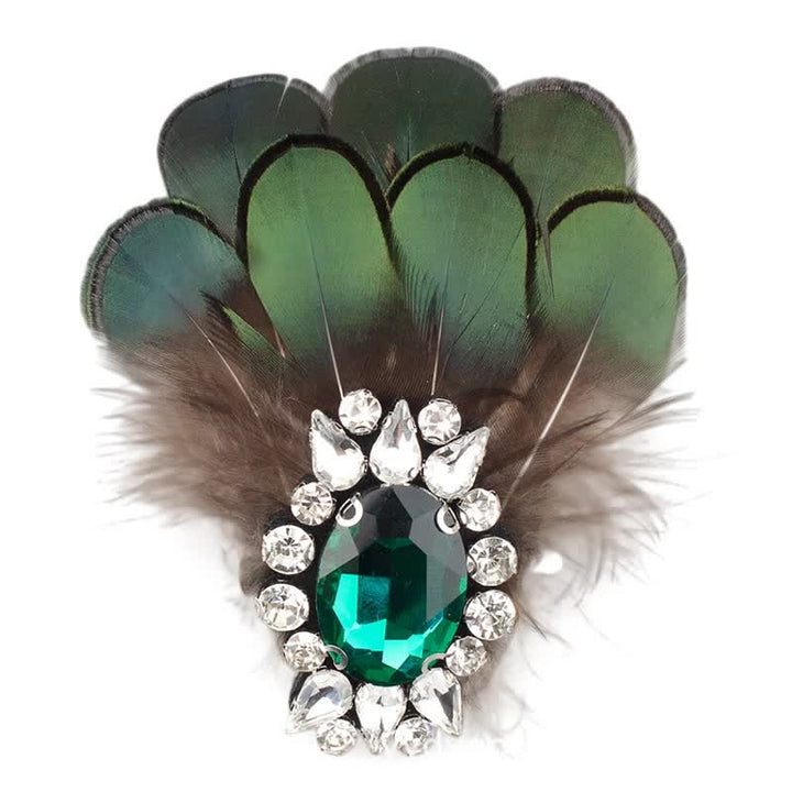 Broche de plumas de cristal verde oscuro para mujer