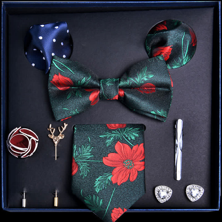 Caja de regalo con 8 pajaritas de moda con hojas de color verde bosque y rojo y flores