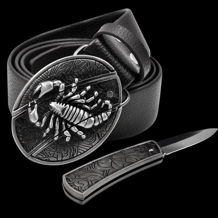 Cinturón de cuero de escorpión para hombre con navaja plegable