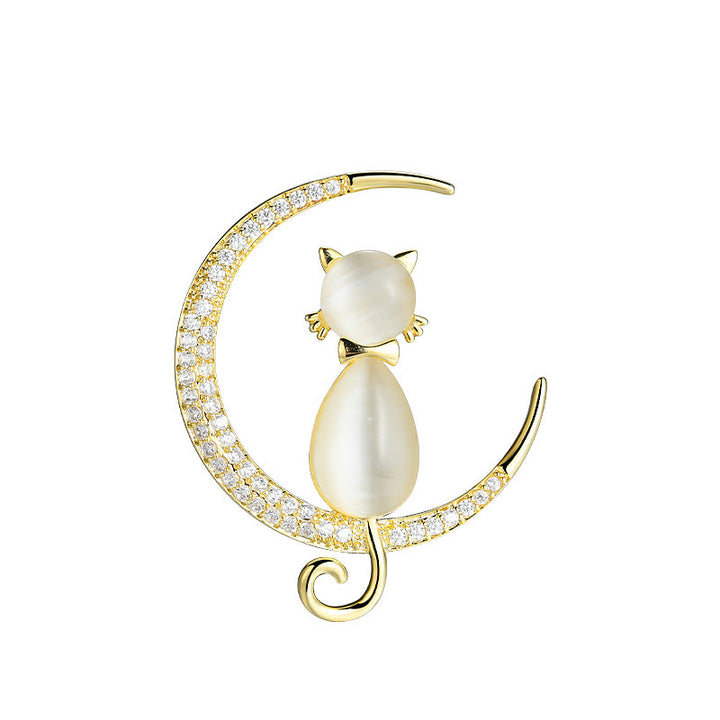 Broche de mujer con forma de luna y gatito en forma de menisco