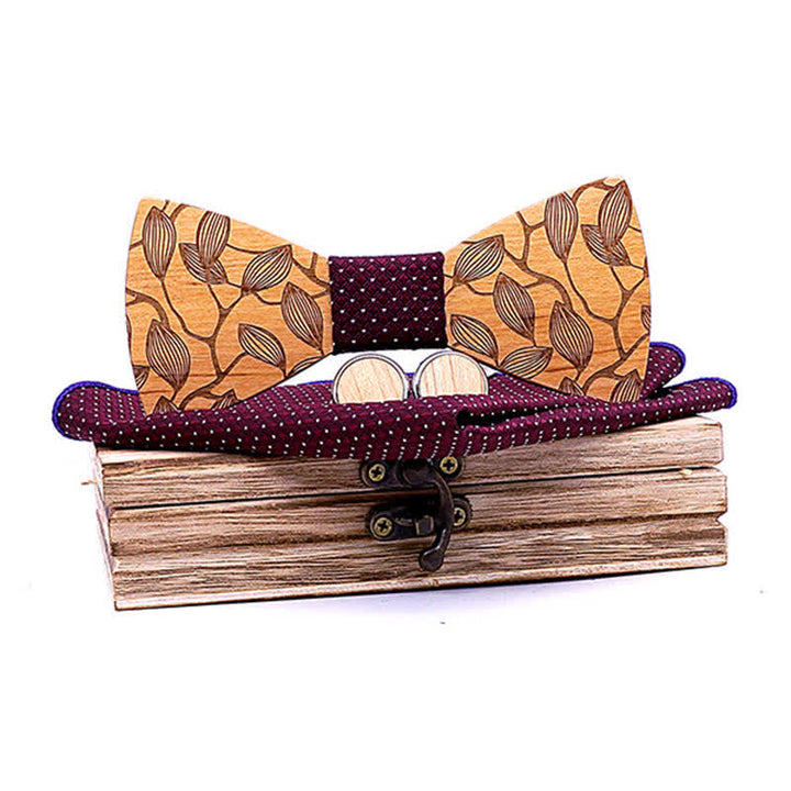 Juego de 3 pajaritas de madera con estampado de hojas para hombre