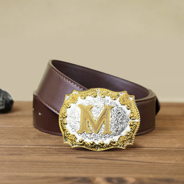 Cinturón de cuero con hebilla con letras iniciales doradas para hombre hecho a mano