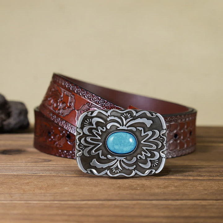 Cinturón de cuero con hebilla de flor de piedra turquesa para hombre hecho a mano