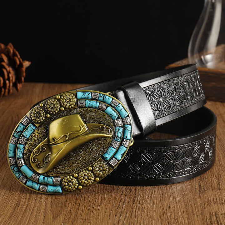 Cinturón de cuero con decoración turquesa y sombrero de vaquero dorado para hombre