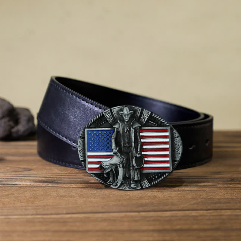 Cinturón de cuero con hebilla de vaquero con bandera estadounidense para hombre, hecho a mano