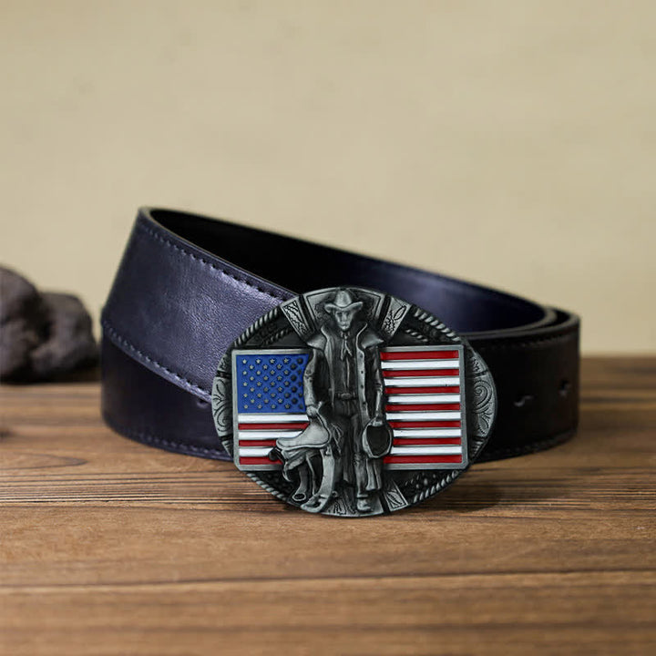Cinturón de cuero con hebilla de vaquero con bandera estadounidense para hombre, hecho a mano