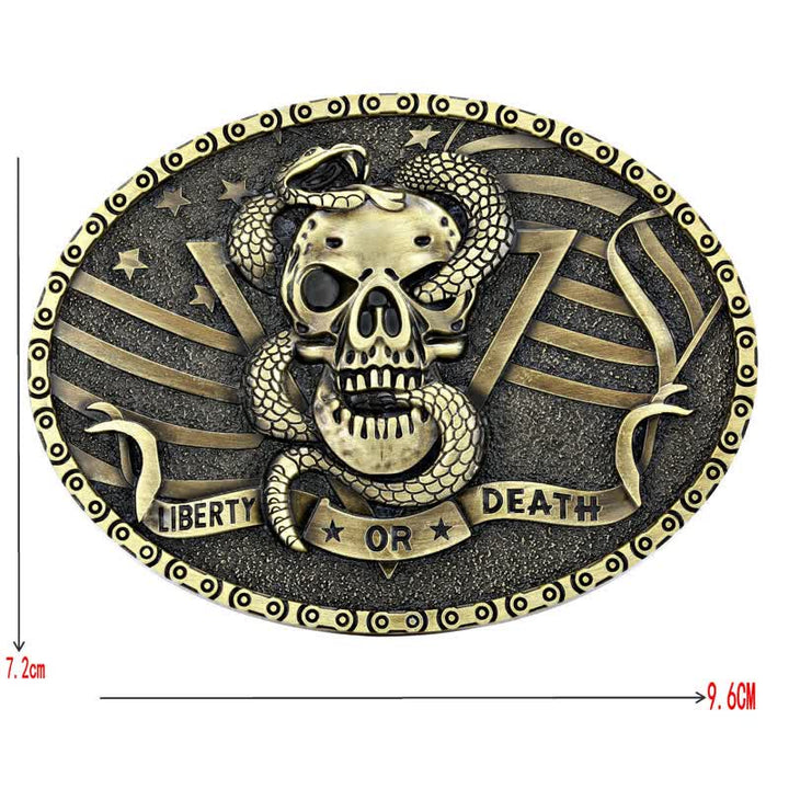 Cinturón de cuero con hebilla de calavera de serpiente "Libertad o muerte" para hombre, hecho a mano