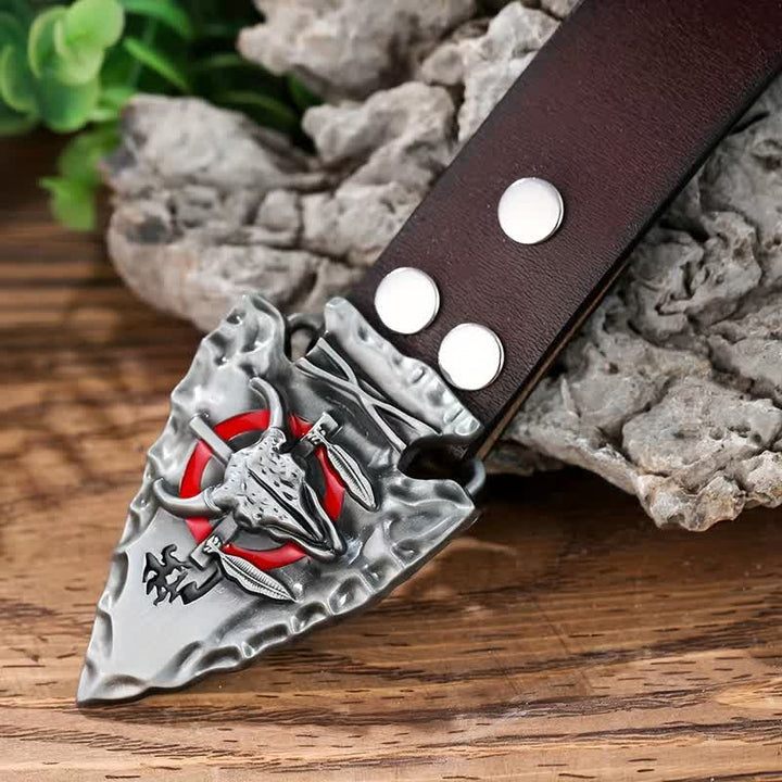Cinturón de cuero con hebilla de toro en forma de punta de flecha para hombre hecho a mano