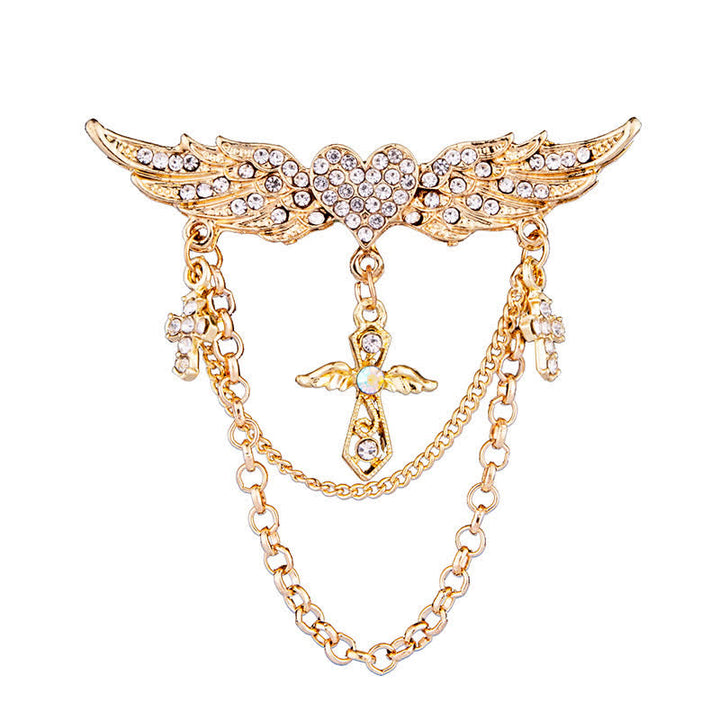 Broche con borlas y cruz de corazón y alas de ángel para hombre