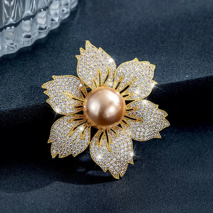 Broche de Bauhinia de lujo con perlas brillantes para mujer