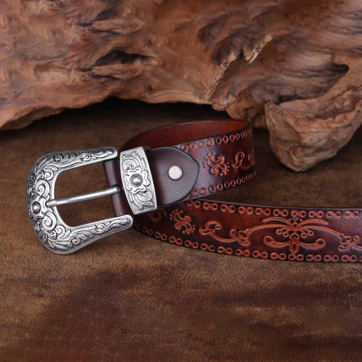 Cinturón unisex de piel con estampado de flores y textura rústica