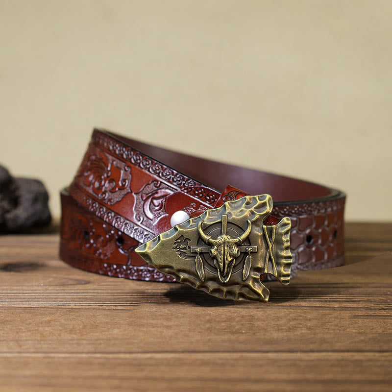 Cinturón de cuero con hebilla de toro en forma de punta de flecha para hombre hecho a mano