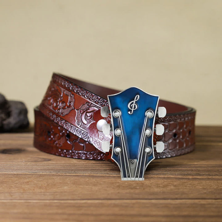 Cinturón de cuero con hebilla de clavijero de guitarra musical para hombre hecho a mano