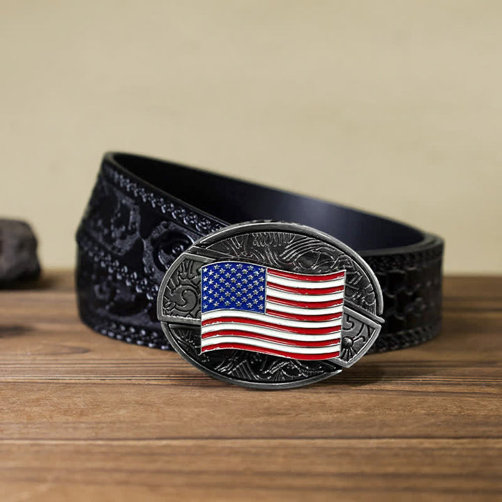 Cinturón de cuero con cuchillo plegable oculto con bandera estadounidense para hombre
