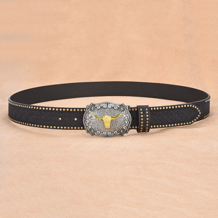 Cinturón de cuero de toro longhorn dorado con remaches punk para hombre