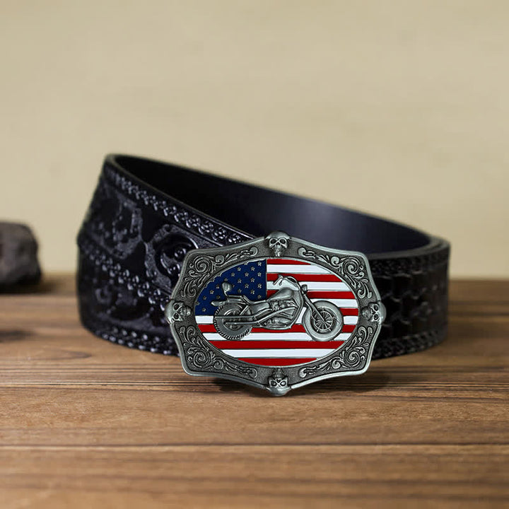 Cinturón de cuero con hebilla de calavera y bandera de EE. UU. para hombre, hecho a mano, con diseño de motocicleta