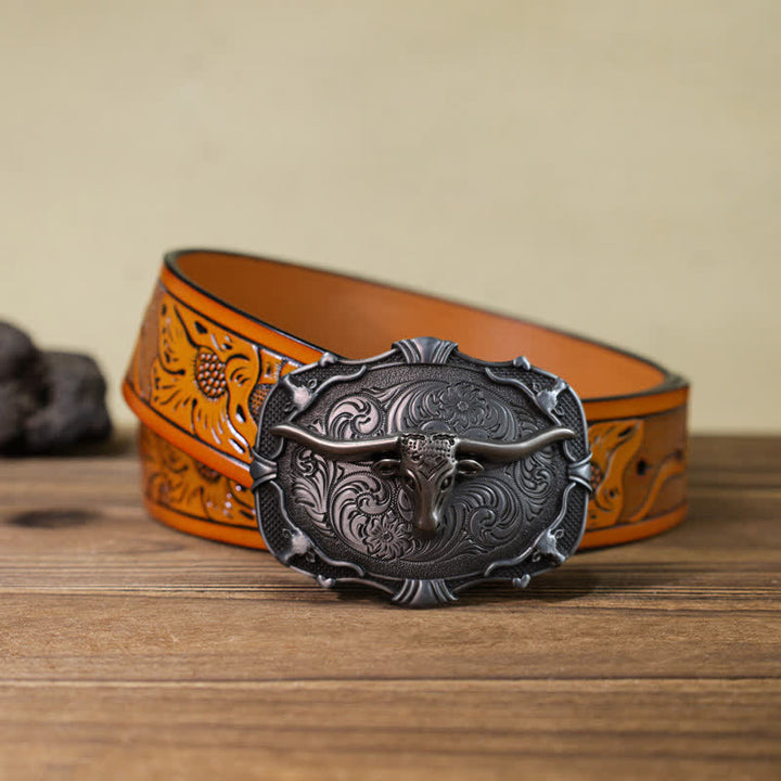 Cinturón de cuero con hebilla cuadrada de toro Longhorn plateado para hombre hecho a mano