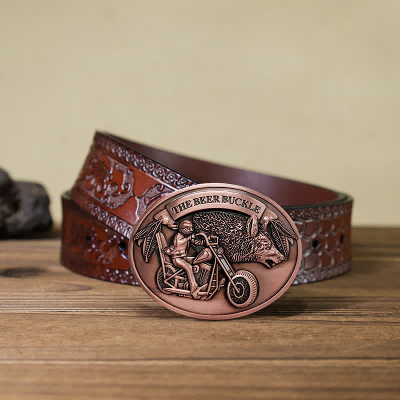 Cinturón de cuero con hebilla para hombre, hecho a mano, con diseño creativo de motocicleta