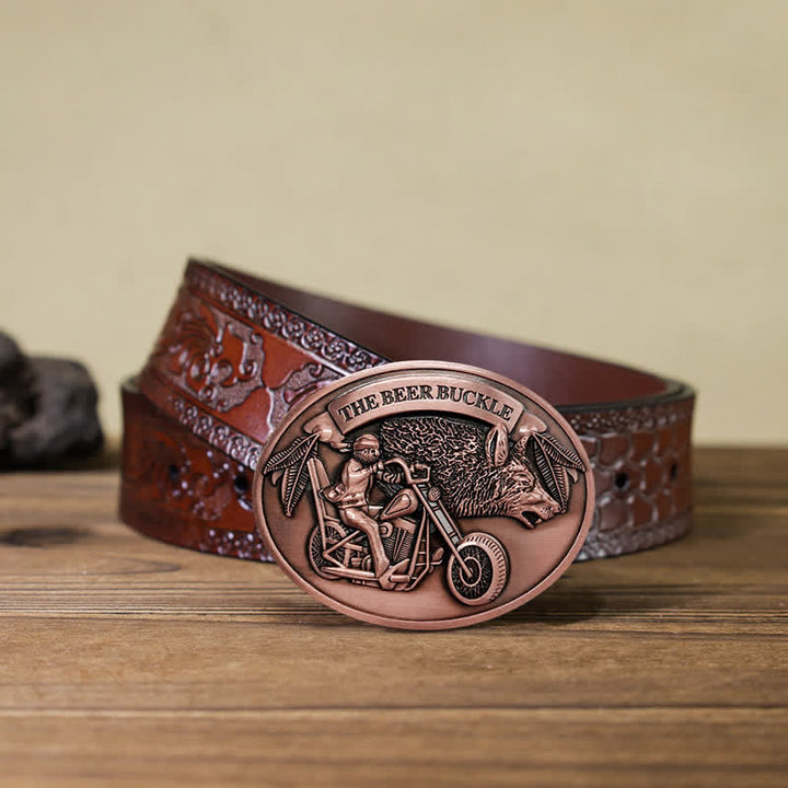 Cinturón de cuero con hebilla para hombre, hecho a mano, con diseño creativo de motocicleta