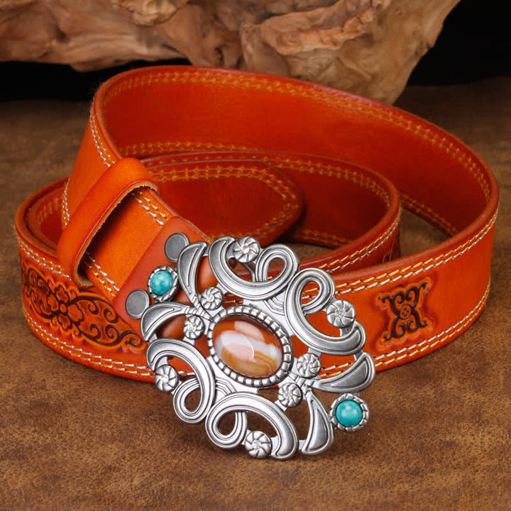 Cinturón unisex de cuero con flor hueca de color turquesa y piedra de ágata