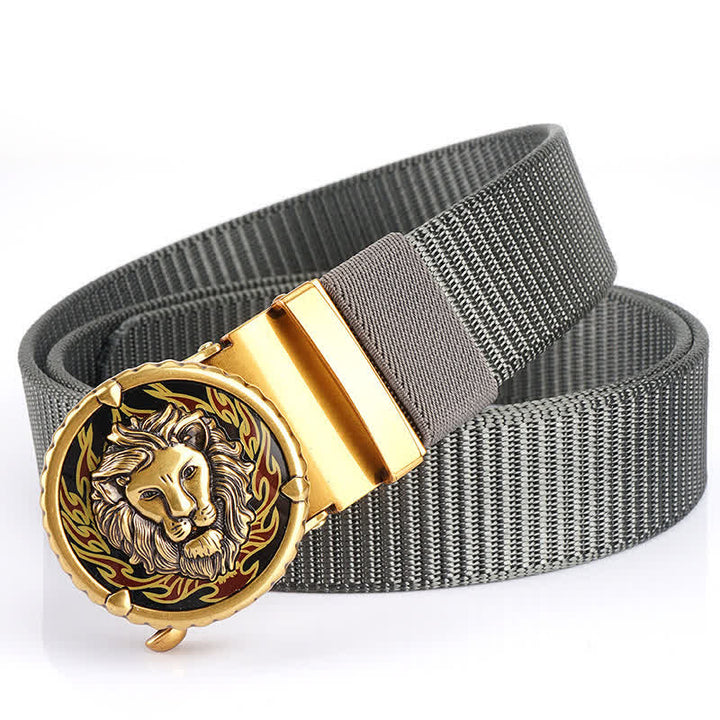 Cinturón de nailon práctico con estampado de cabeza de león para hombre - Gris / Dorado - 48" - image 11