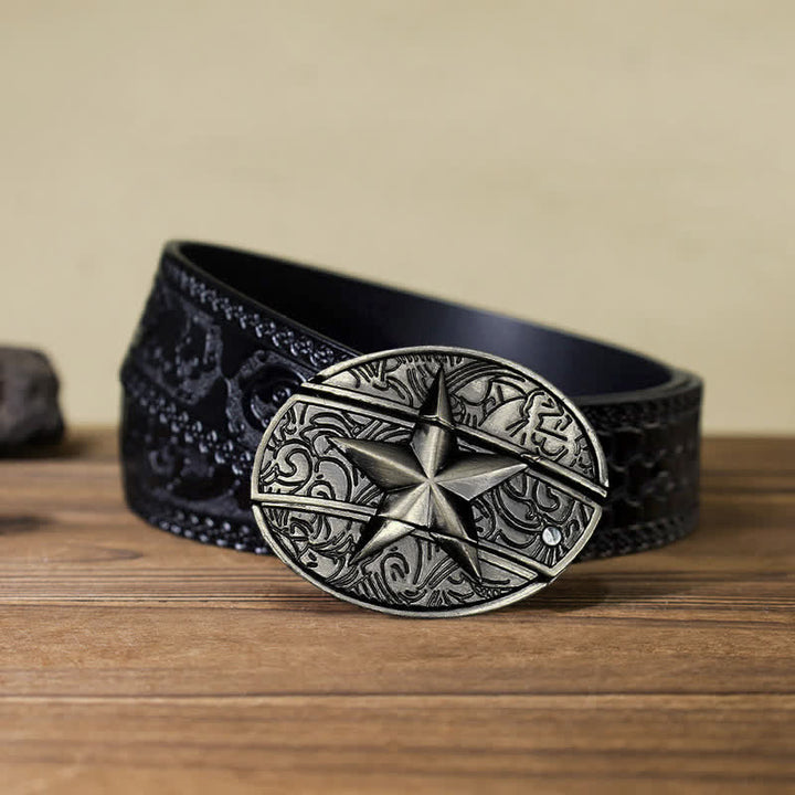 Cinturón de cuero con cuchillo plegable oculto con pentagrama para hombre