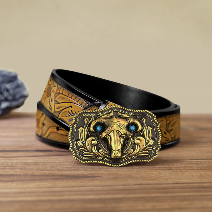Cinturón de cuero con hebilla turquesa y calavera de cabra para hombre hecho a mano