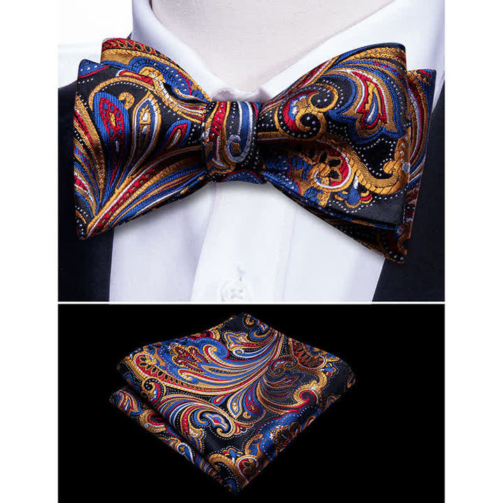 Conjunto de 2 pañuelos de bolsillo con pajarita y estampado de cachemira dorado y azul para hombre
