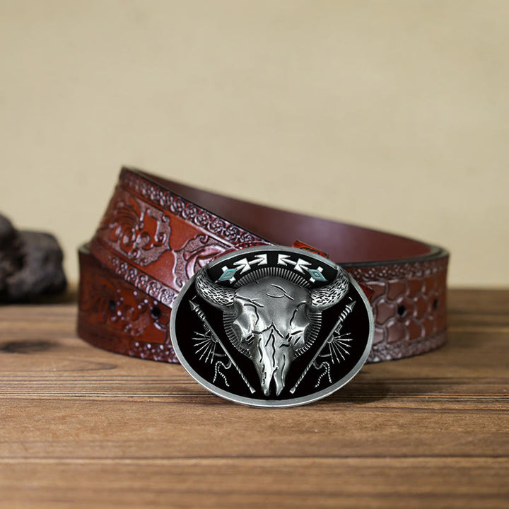 Cinturón de cuero con hebilla de calavera de toro con temática india para hombre hecho a mano