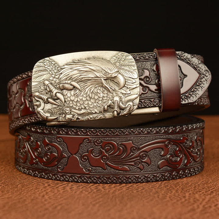 Cinturón de cuero genuino con relieve y hebilla de águila para hombre