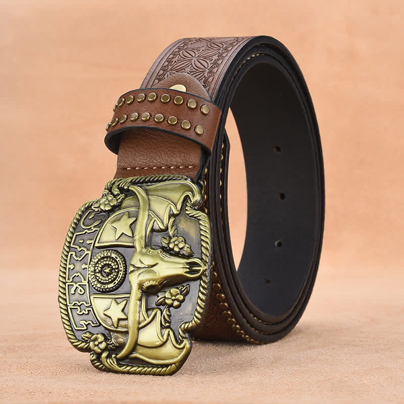 Cinturón de cuero con remaches de novillo Longhorn antiguo para hombre