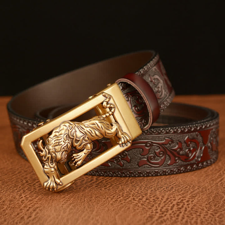 Cinturón de cuero con estampado floral y hebilla de tigre para hombre