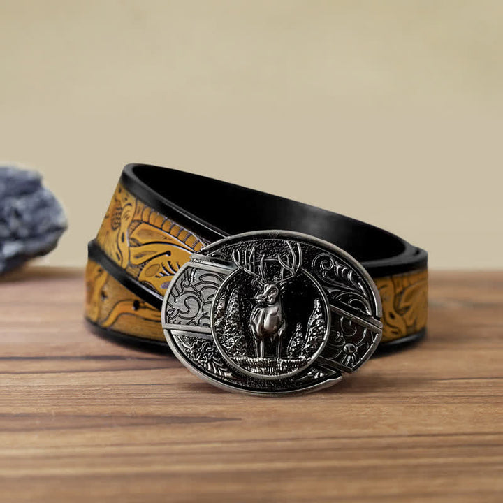 Cinturón de cuero con cuchillo plegable oculto con diseño de ciervo del bosque para hombre