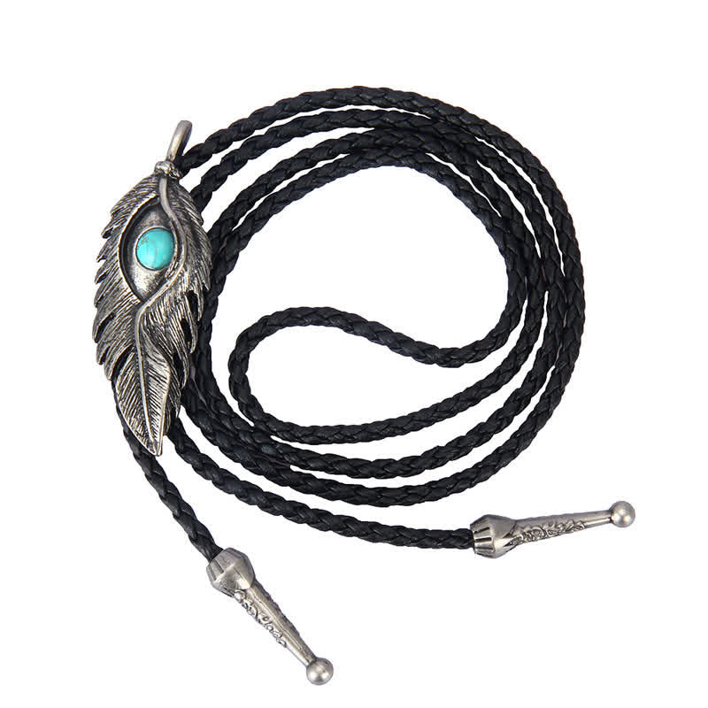 Corbata de bolo con forma de pluma e incrustaciones de piedra turquesa azul