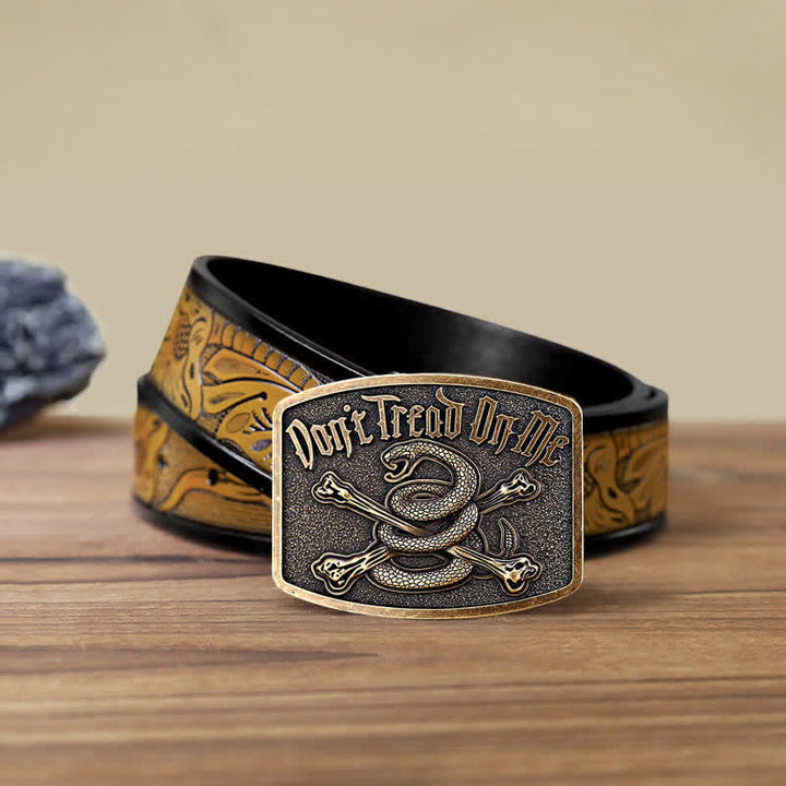 Cinturón de cuero con hebilla de serpiente de cascabel y calavera para hombre, hecho a mano
