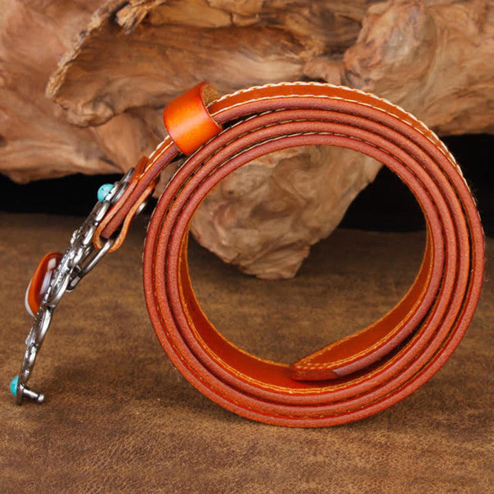 Cinturón unisex de cuero con flor hueca de color turquesa y piedra de ágata