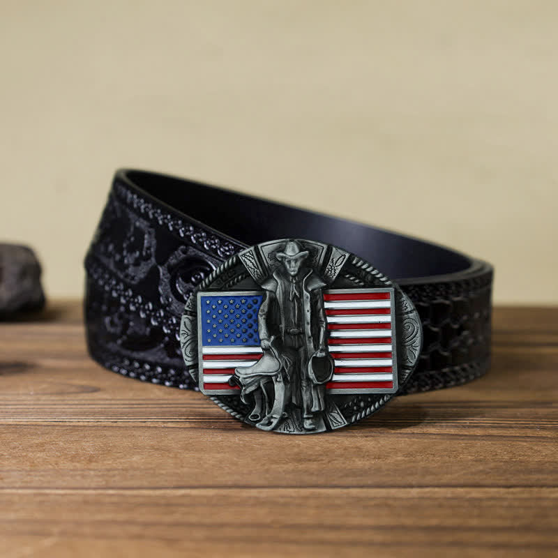 Cinturón de cuero con hebilla de vaquero con bandera estadounidense para hombre, hecho a mano