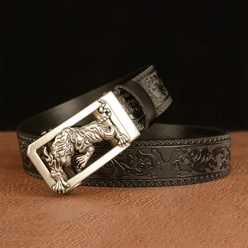 Cinturón de cuero con estampado floral y hebilla de tigre para hombre