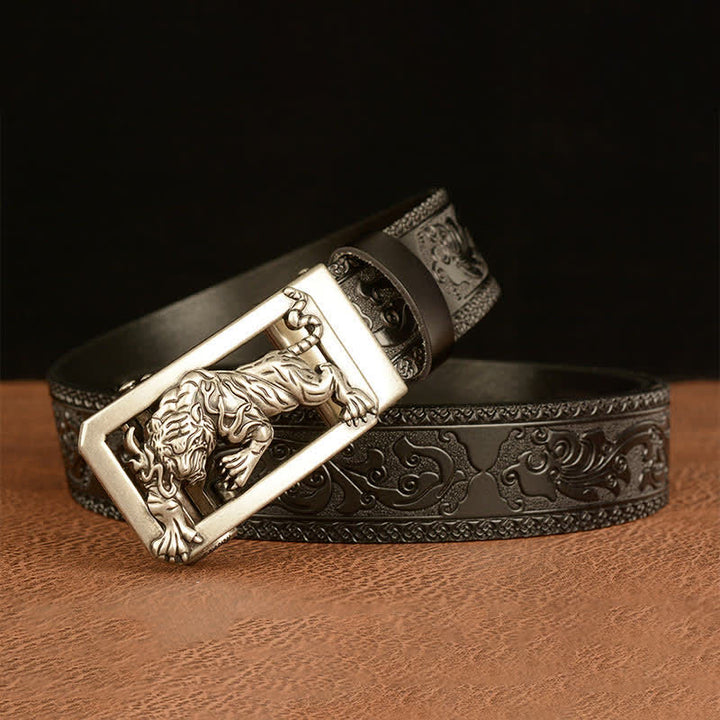Cinturón de cuero con estampado floral y hebilla de tigre para hombre