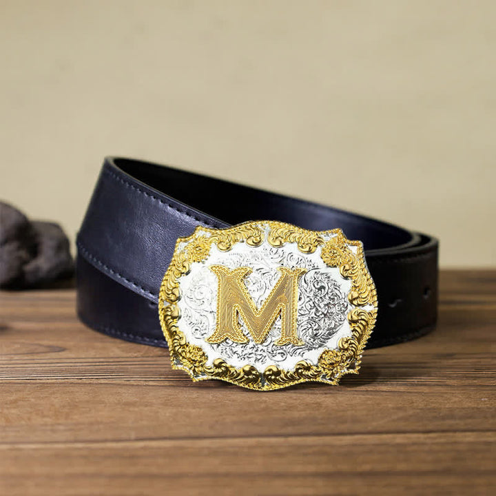 Cinturón de cuero con hebilla con letras iniciales doradas para hombre hecho a mano